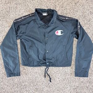 Champion Womens Black Cropped Coaches Jacket Logo Tape Windbreaker JL8501 Small